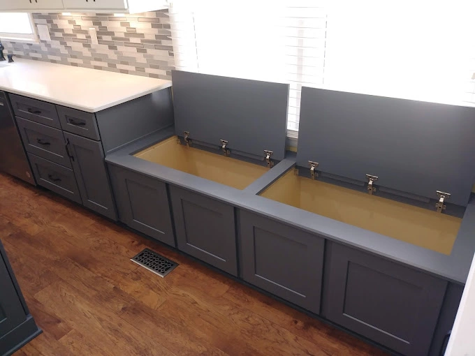 Aria blue styled custom cabinets for storage opened
