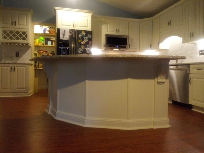 Side view of custom kitchen island after construction was completed.