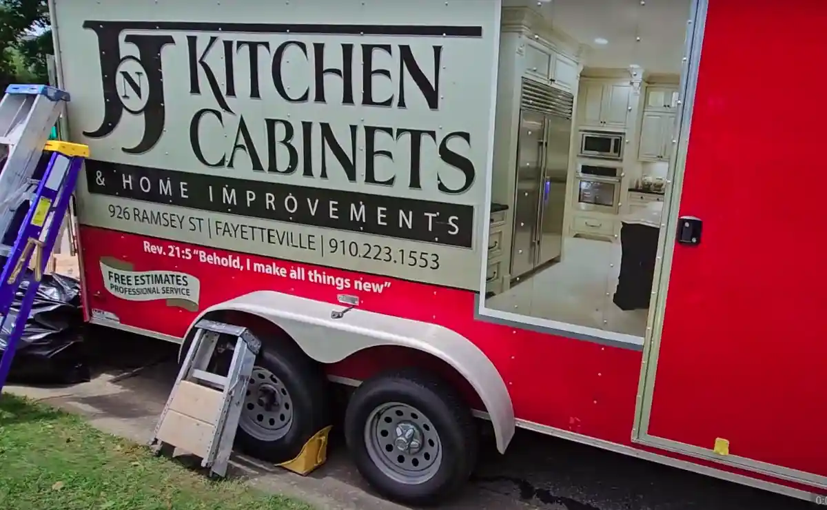 J&J Kitchen Cabinet's trailer full of tools used to make and install cabinets.